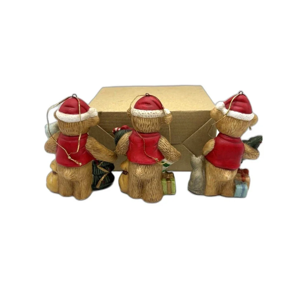 Vintage Christmas Bears In Santa Hats Set Of 3 Ceramic Ornaments